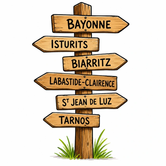 Panneau directionnel en bois indiquant Bayonne, Isturits, Biarritz, Labastide-Clairence, Saint-Jean-de-Luz et Tarnos